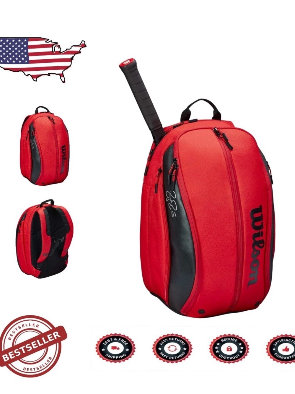 Wilson Roger Federer DNA Pro Tennis Backpack Red/Black Racquet Bag Sport Unisex - Picture 1 of 16